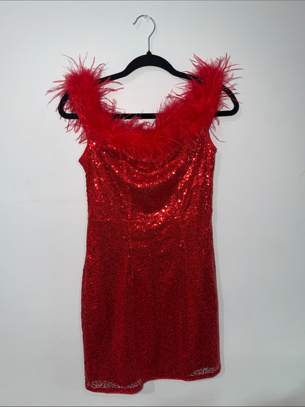 Red Sequin Feather Trim Party Dress EU36, US4